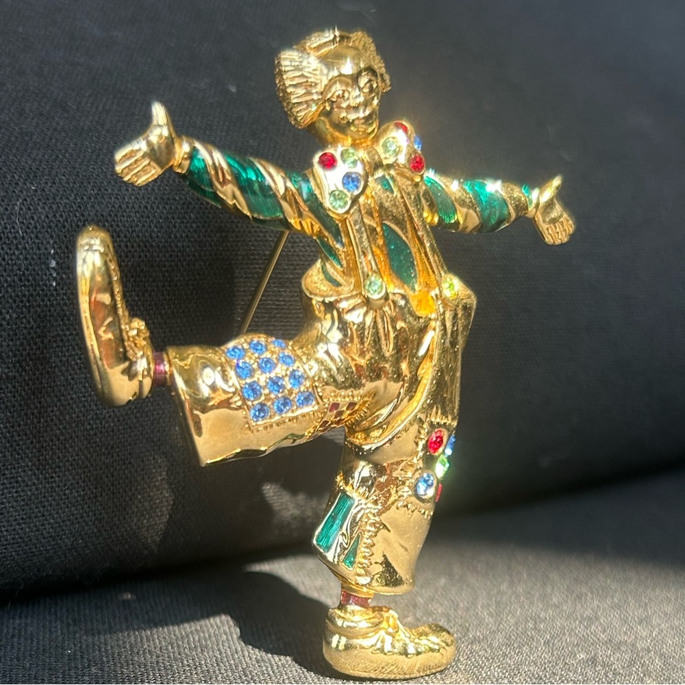 Vintage - Signed Swarovski Gold Clown Brooch with Multi-Colored Crystals